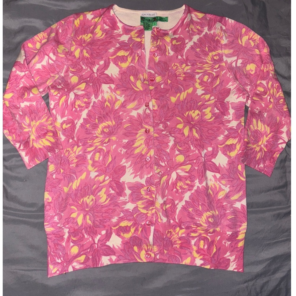 Pea in the Pod Maternity x TIBI Pink Floral Silk Blend Cardigan Sweater, Size L